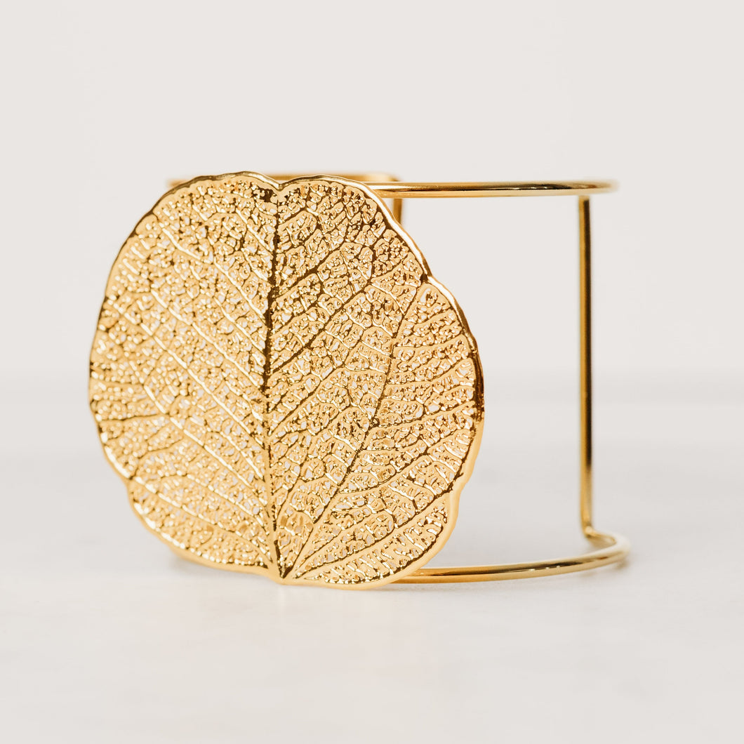 gold cuff bracelet plant botanical leaf