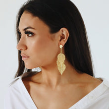 Load image into Gallery viewer, large cascade leaf gold earrings
gold earrings
statement earrings
large round earrings
botanical earrings
leaf earrings
dangling earrings
cascade earrings
chandelier earrings 
